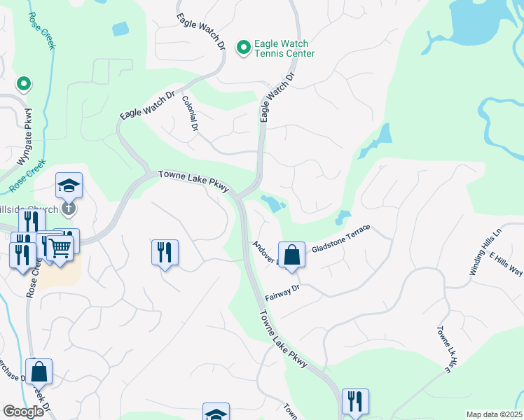 map of restaurants, bars, coffee shops, grocery stores, and more near 2912 Dunhill Trail in Woodstock