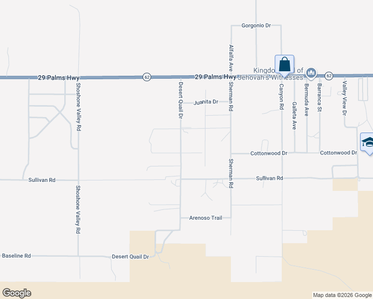 map of restaurants, bars, coffee shops, grocery stores, and more near 70130 Cottonwood Drive in Twentynine Palms