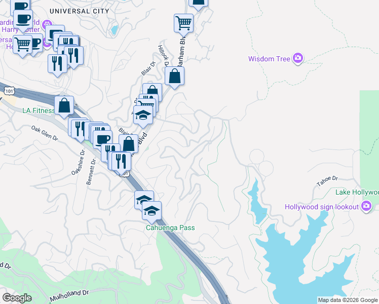 map of restaurants, bars, coffee shops, grocery stores, and more near 3411 Tareco Drive in Los Angeles