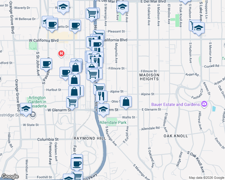 map of restaurants, bars, coffee shops, grocery stores, and more near 249 Alpine Street in Pasadena