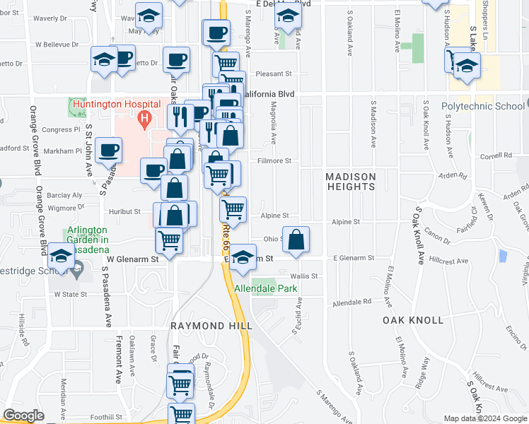 map of restaurants, bars, coffee shops, grocery stores, and more near 249 Alpine Street in Pasadena