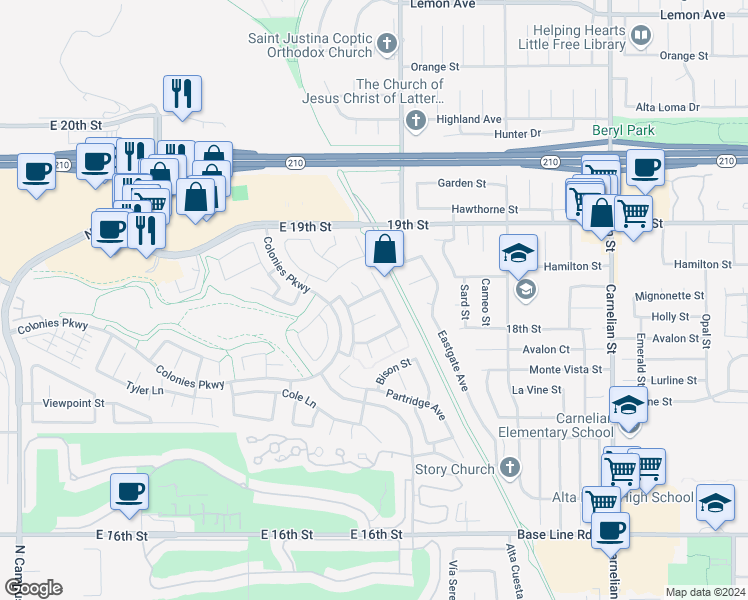 map of restaurants, bars, coffee shops, grocery stores, and more near 1556 Geyser Street in Upland