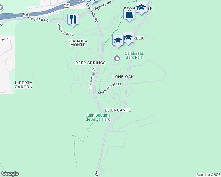 map of restaurants, bars, coffee shops, grocery stores, and more near 3831 Orchid Lane in Calabasas
