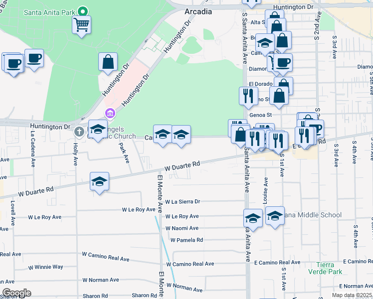map of restaurants, bars, coffee shops, grocery stores, and more near 180 Campus Drive in Arcadia