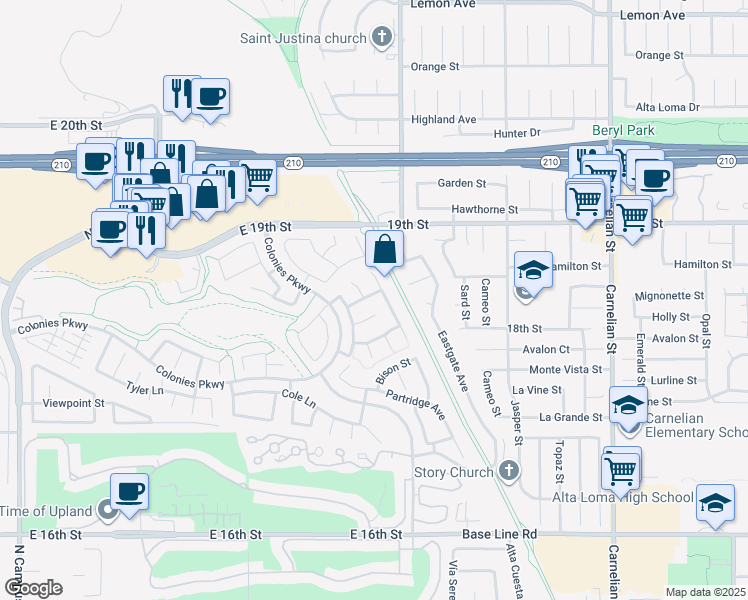 map of restaurants, bars, coffee shops, grocery stores, and more near 1556 Geyser Street in Upland