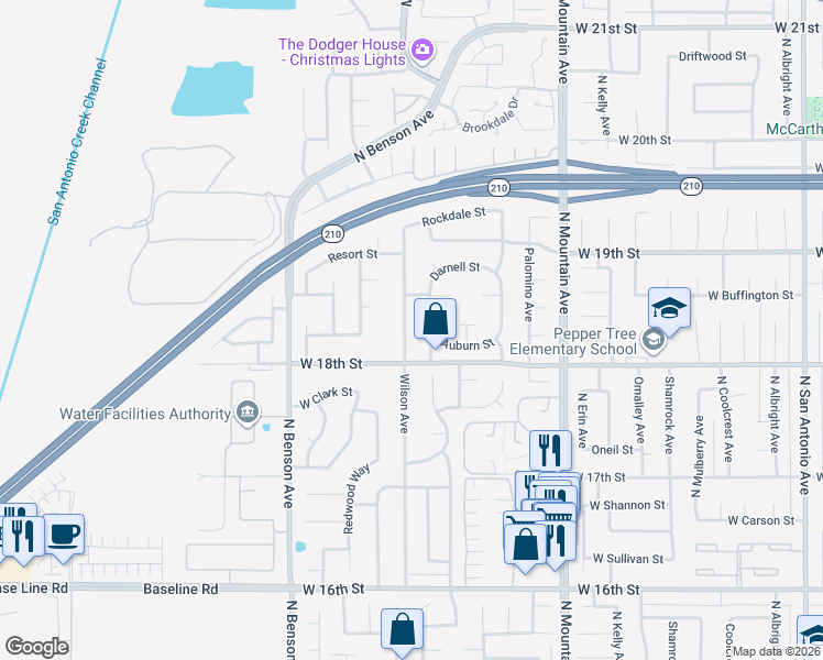 map of restaurants, bars, coffee shops, grocery stores, and more near 1830 Wilson Avenue in Upland