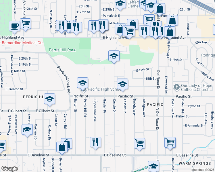 map of restaurants, bars, coffee shops, grocery stores, and more near 1650 Conejo Drive in San Bernardino
