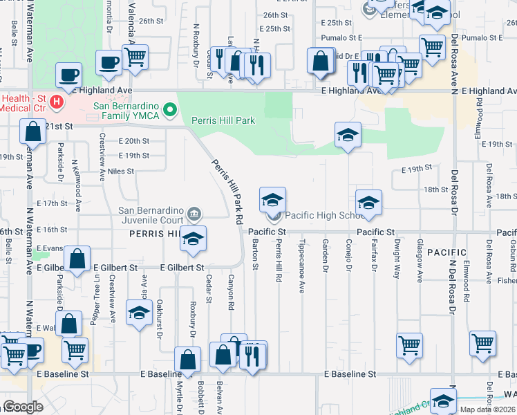 map of restaurants, bars, coffee shops, grocery stores, and more near 1020 Pacific Street in San Bernardino