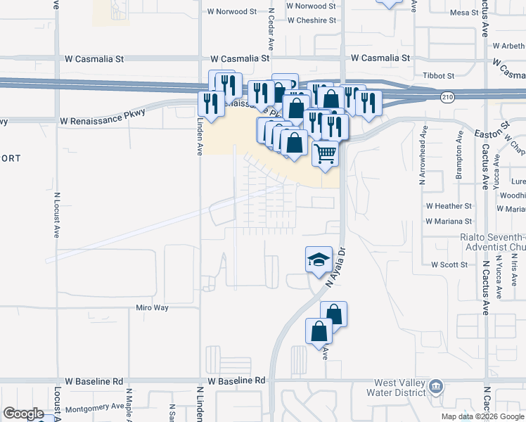 map of restaurants, bars, coffee shops, grocery stores, and more near Leiske Dr in Rialto