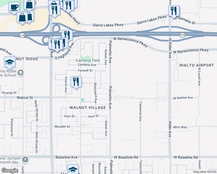 map of restaurants, bars, coffee shops, grocery stores, and more near 17291 Woodhill Street in Fontana