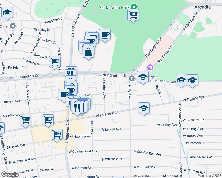 map of restaurants, bars, coffee shops, grocery stores, and more near 461 Fairview Avenue in Arcadia