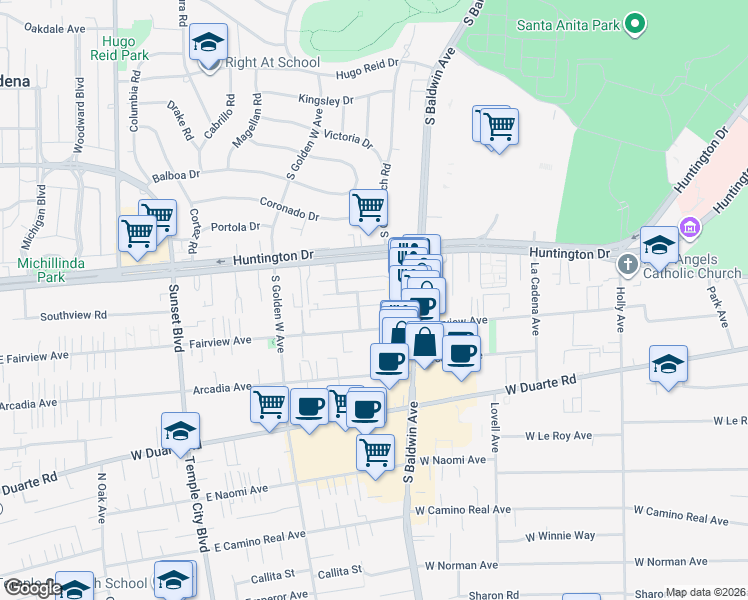 map of restaurants, bars, coffee shops, grocery stores, and more near 717 Fairview Avenue in Arcadia