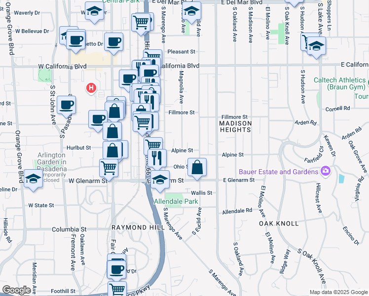 map of restaurants, bars, coffee shops, grocery stores, and more near 270 Alpine Street in Pasadena