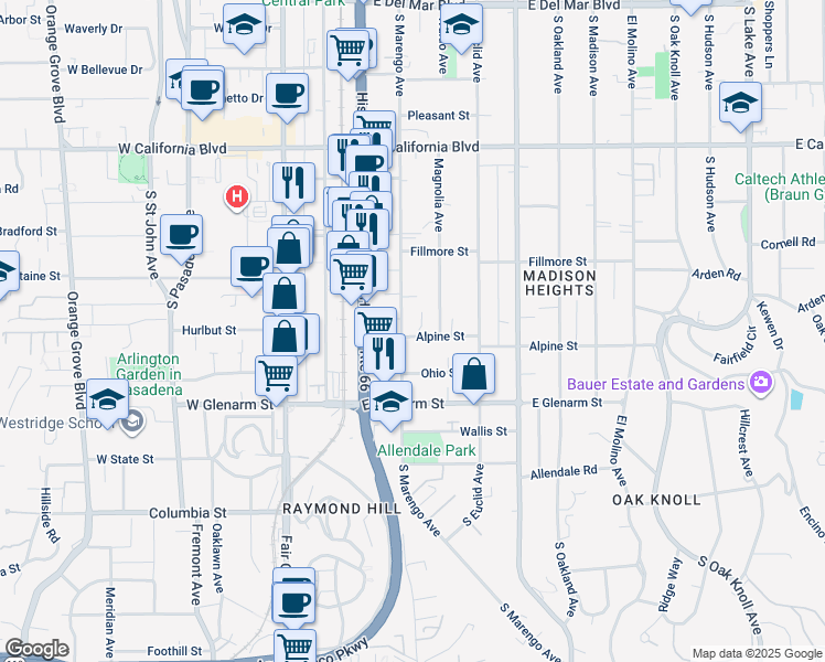 map of restaurants, bars, coffee shops, grocery stores, and more near 945 South Marengo Avenue in Pasadena