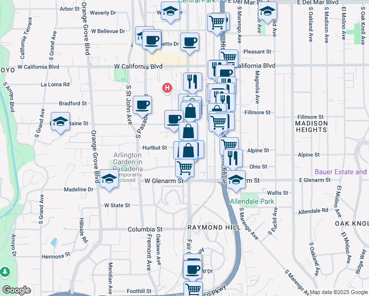 map of restaurants, bars, coffee shops, grocery stores, and more near 961 South Fair Oaks Avenue in Pasadena