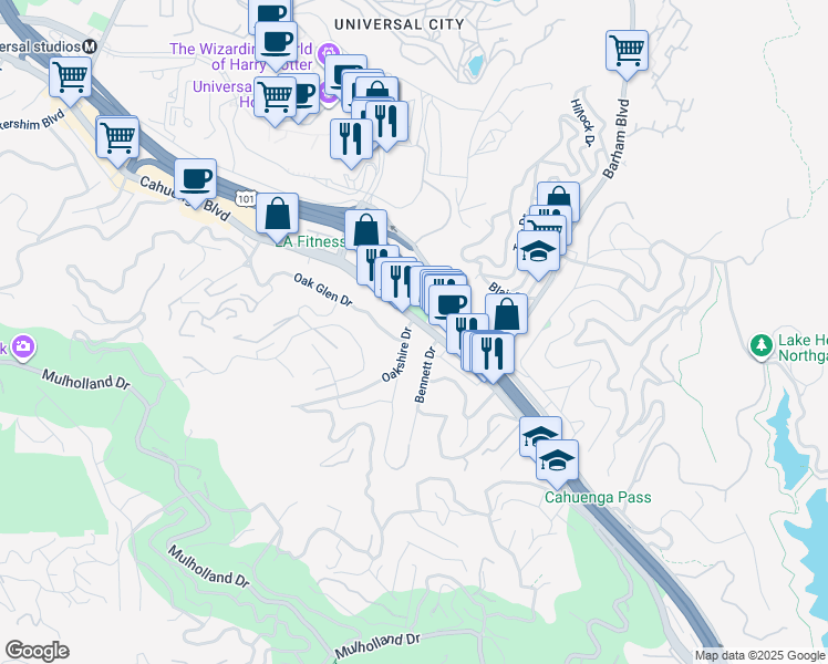 map of restaurants, bars, coffee shops, grocery stores, and more near 3270 Oakshire Drive in Los Angeles