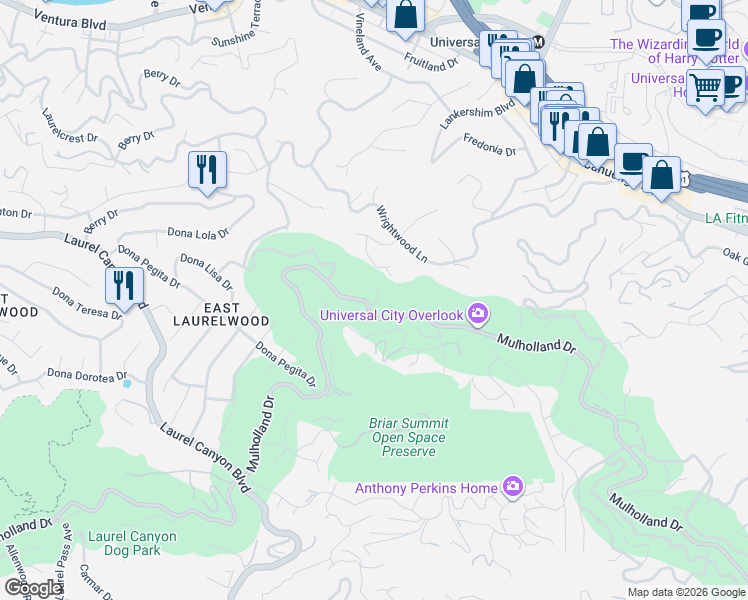 map of restaurants, bars, coffee shops, grocery stores, and more near 7815 Mulholland Drive in Los Angeles