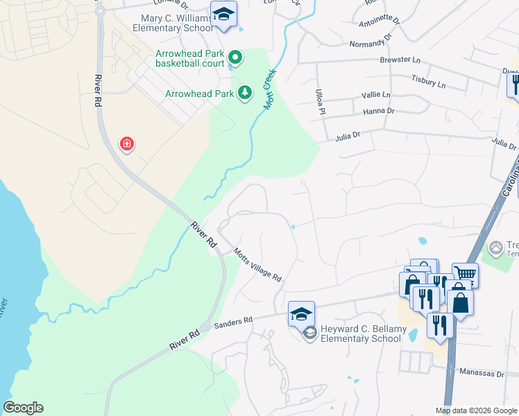 map of restaurants, bars, coffee shops, grocery stores, and more near 6312 Motts Village Road in Wilmington