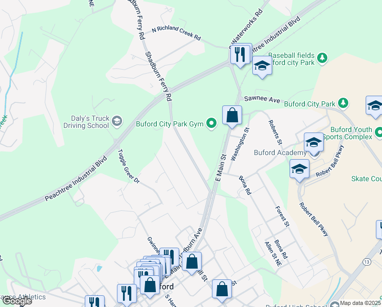 map of restaurants, bars, coffee shops, grocery stores, and more near 157 Shadburn Ferry Road in Buford