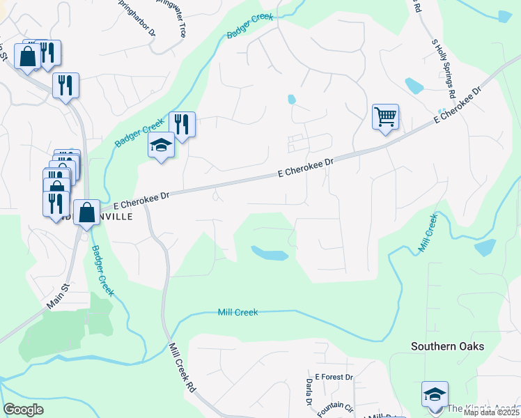map of restaurants, bars, coffee shops, grocery stores, and more near 527 Tomahawk Trail in Woodstock