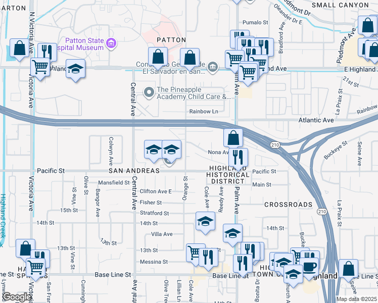 map of restaurants, bars, coffee shops, grocery stores, and more near 6823 Orange Street in Highland