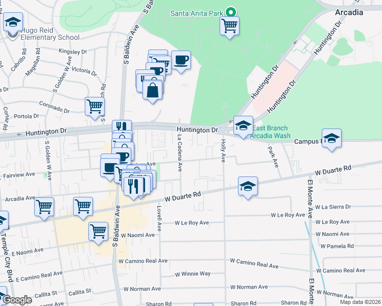 map of restaurants, bars, coffee shops, grocery stores, and more near 461 Fairview Avenue in Arcadia