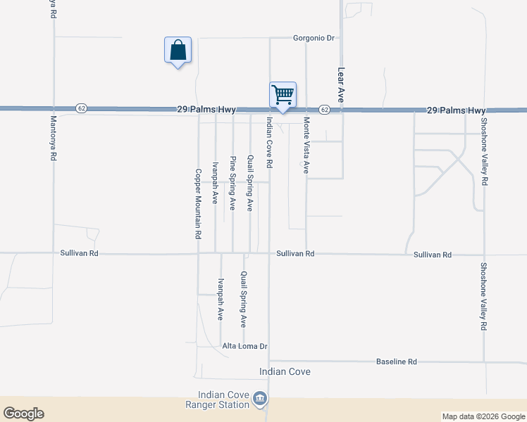 map of restaurants, bars, coffee shops, grocery stores, and more near 6782 Indian Cove Road in Twentynine Palms