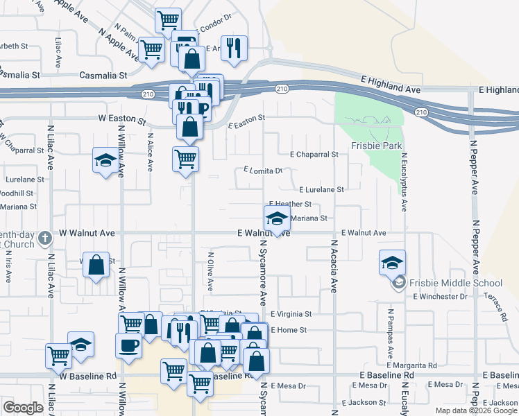 map of restaurants, bars, coffee shops, grocery stores, and more near 1647 North Sycamore Avenue in Rialto