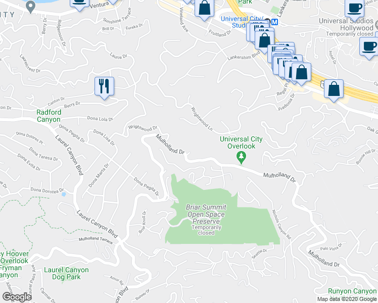 map of restaurants, bars, coffee shops, grocery stores, and more near 7815 Mulholland Drive in Los Angeles