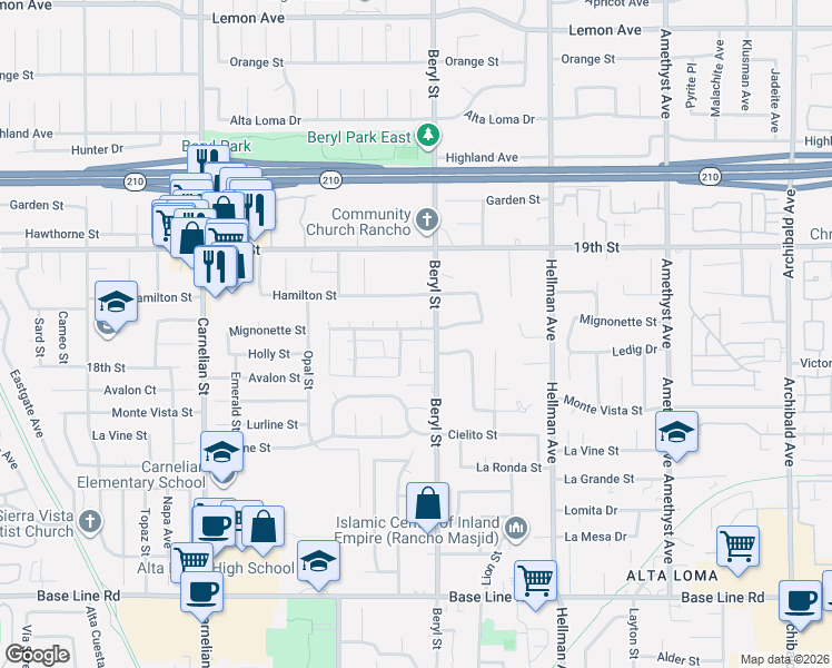 map of restaurants, bars, coffee shops, grocery stores, and more near 9050 Wildflower Court in Rancho Cucamonga