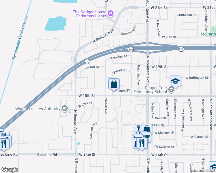map of restaurants, bars, coffee shops, grocery stores, and more near 1830 Wilson Avenue in Upland