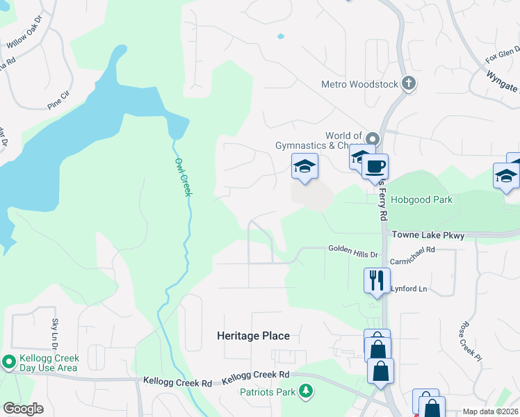 map of restaurants, bars, coffee shops, grocery stores, and more near 610 Silver Trace Court in Woodstock