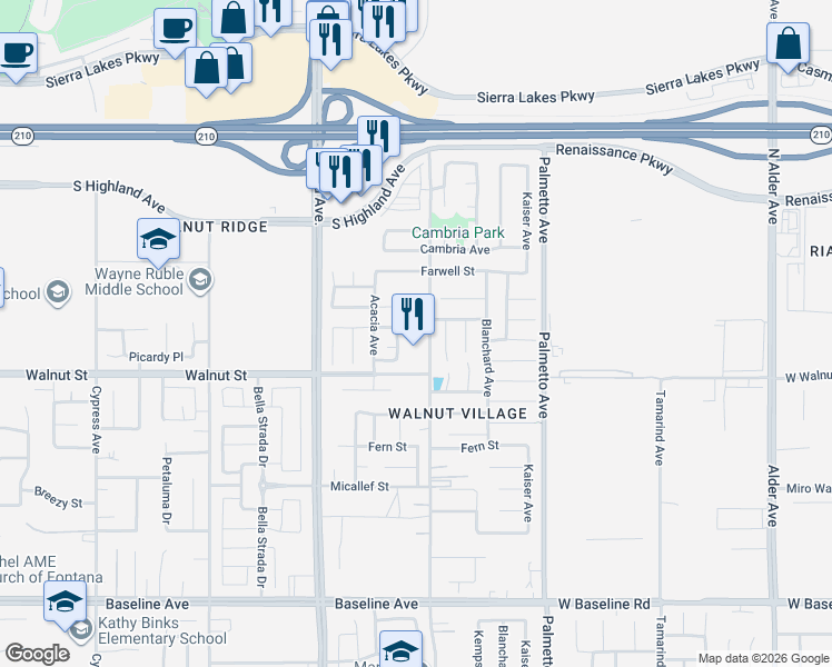 map of restaurants, bars, coffee shops, grocery stores, and more near 17079 Lurelane Street in Fontana