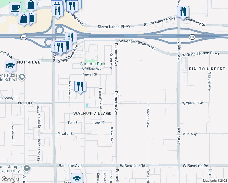 map of restaurants, bars, coffee shops, grocery stores, and more near 17291 Woodhill Street in Fontana