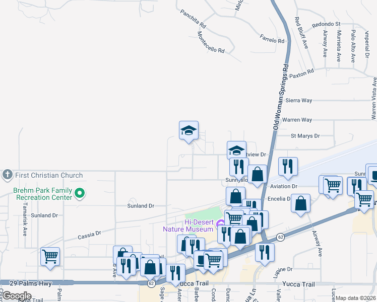 map of restaurants, bars, coffee shops, grocery stores, and more near 56994 Crestview Drive in Yucca Valley