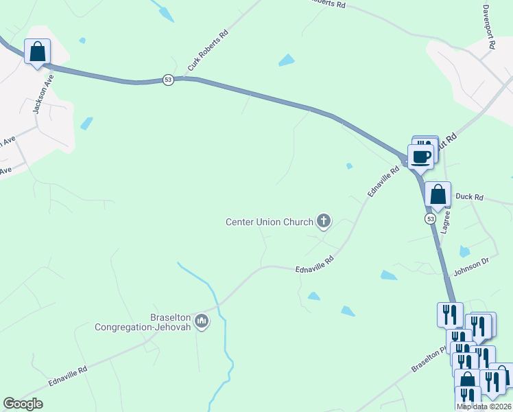 map of restaurants, bars, coffee shops, grocery stores, and more near 194 Etsel Lane in Braselton