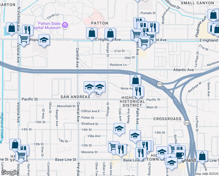 map of restaurants, bars, coffee shops, grocery stores, and more near 6823 Orange Street in Highland