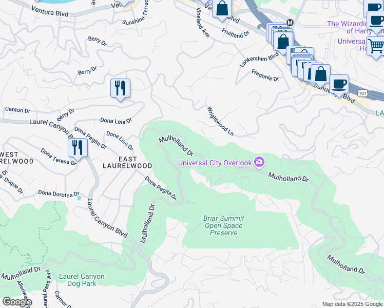 map of restaurants, bars, coffee shops, grocery stores, and more near 7831 Mulholland Drive in Los Angeles