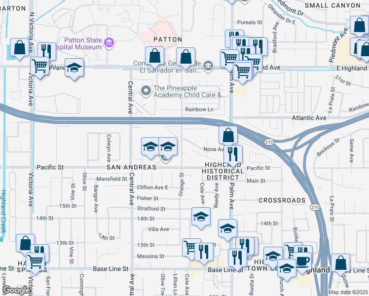 map of restaurants, bars, coffee shops, grocery stores, and more near 6823 Orange Street in Highland