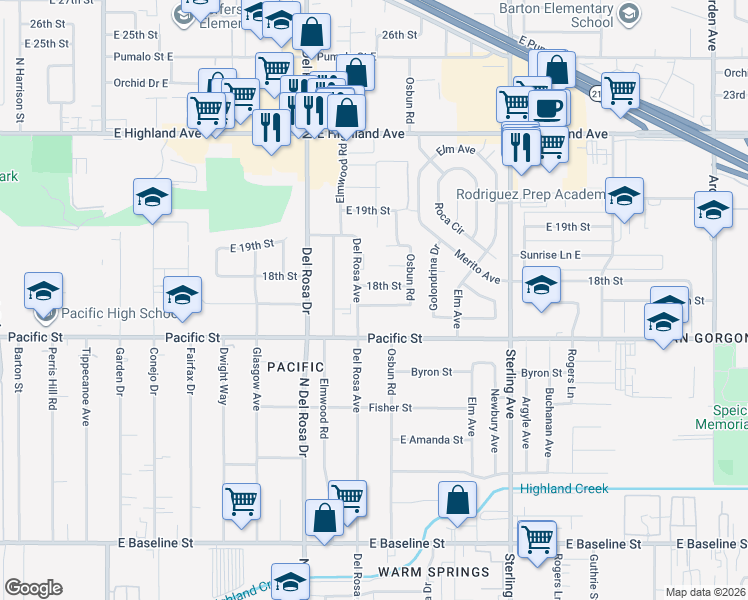 map of restaurants, bars, coffee shops, grocery stores, and more near 25532 East 17th Street in San Bernardino