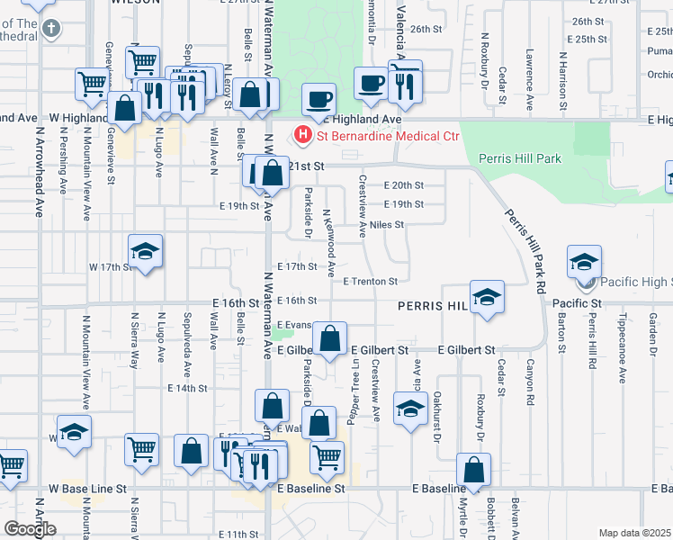 map of restaurants, bars, coffee shops, grocery stores, and more near 437 East 17th Street in San Bernardino