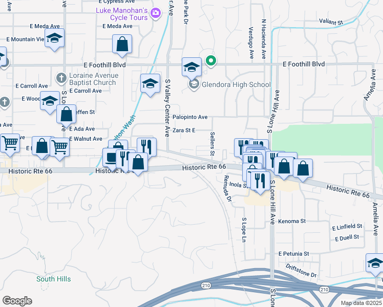map of restaurants, bars, coffee shops, grocery stores, and more near 1580 Manor Lane in Glendora