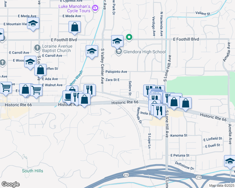 map of restaurants, bars, coffee shops, grocery stores, and more near 1580 Manor Lane in Glendora