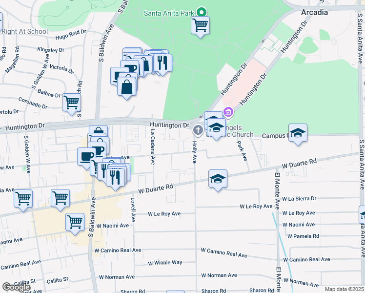 map of restaurants, bars, coffee shops, grocery stores, and more near 425 Fairview Avenue in Arcadia