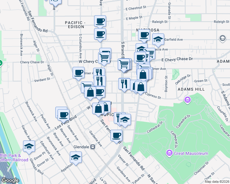map of restaurants, bars, coffee shops, grocery stores, and more near 1313 South Brand Boulevard in Glendale