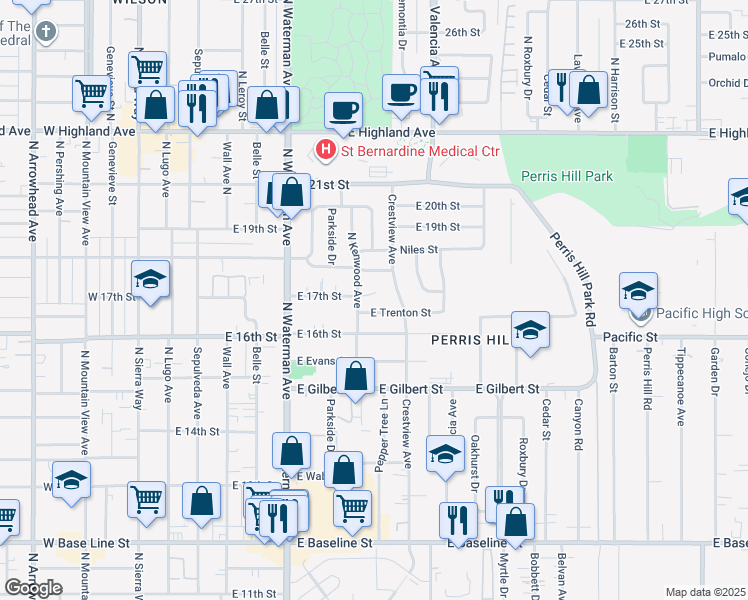 map of restaurants, bars, coffee shops, grocery stores, and more near 437 East 17th Street in San Bernardino