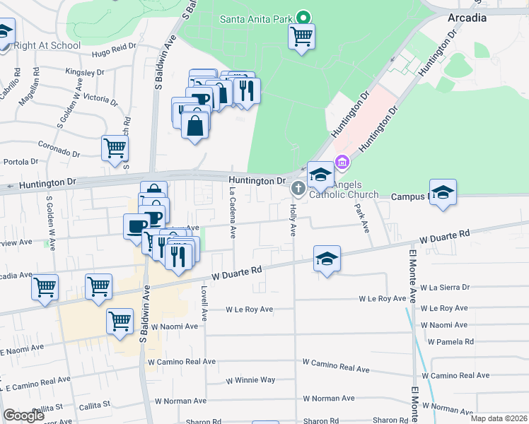 map of restaurants, bars, coffee shops, grocery stores, and more near 425 Fairview Avenue in Arcadia