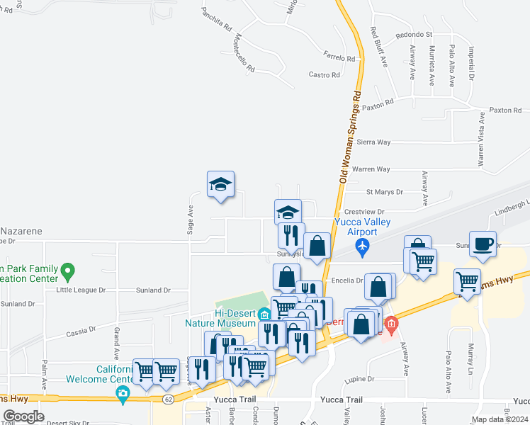 map of restaurants, bars, coffee shops, grocery stores, and more near 57106 Crestview Drive in Yucca Valley