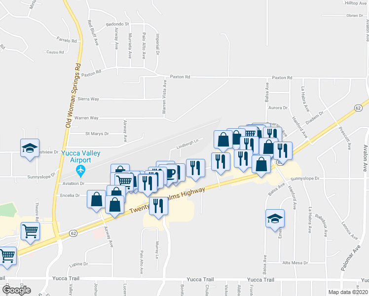 map of restaurants, bars, coffee shops, grocery stores, and more near 6761 Lindbergh Lane in Yucca Valley
