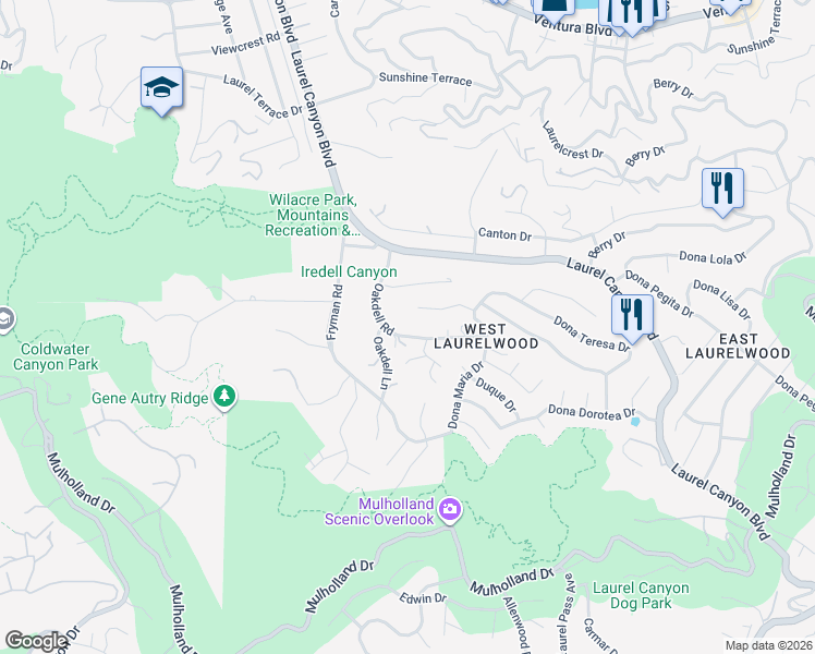 map of restaurants, bars, coffee shops, grocery stores, and more near 3243 Oakdell Road in Los Angeles